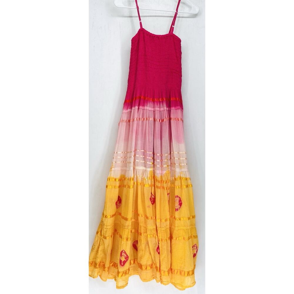 Jackpot India Boho Ctn Maxi Dress Pink Yellow Ombre Smocked Tiered Sundress OS - Picture 3 of 6